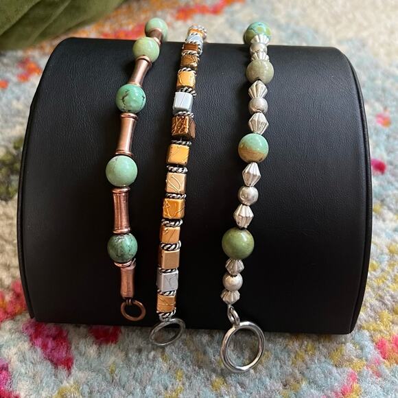 Copper + Turquoise + Silver 3 Bracelet Stack Set Mixed Metal - Picture 4 of 5